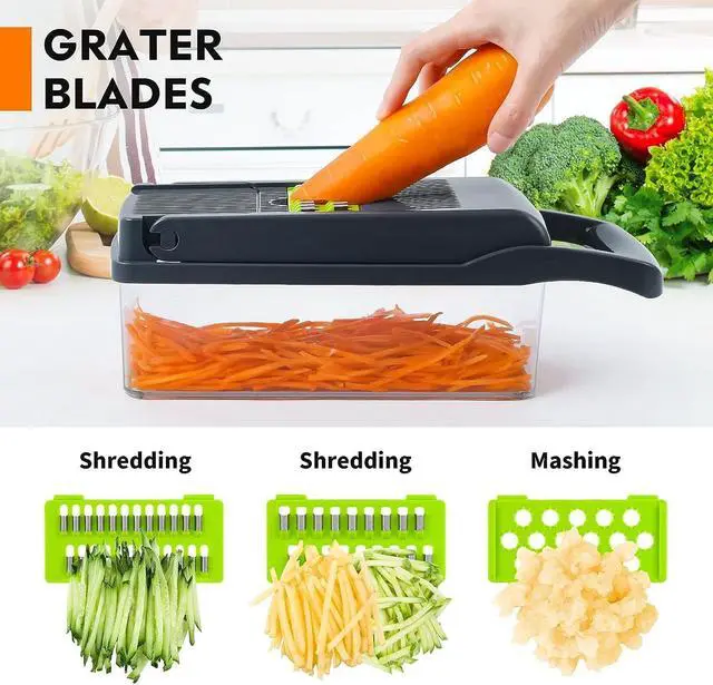 Alt view image 4 of 7 - Vegetable Chopper: 16 in 1 Food Chopper - Onion Vegetable Slicer Cutter Dicer, Veggie Cutter with Container, 7 Blades, Kitchen Gadgets for Carrot Salad Garlic Potato Slicer (Grey)