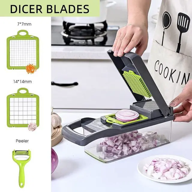 Alt view image 7 of 7 - Vegetable Chopper: 16 in 1 Food Chopper - Onion Vegetable Slicer Cutter Dicer, Veggie Cutter with Container, 7 Blades, Kitchen Gadgets for Carrot Salad Garlic Potato Slicer (Grey)
