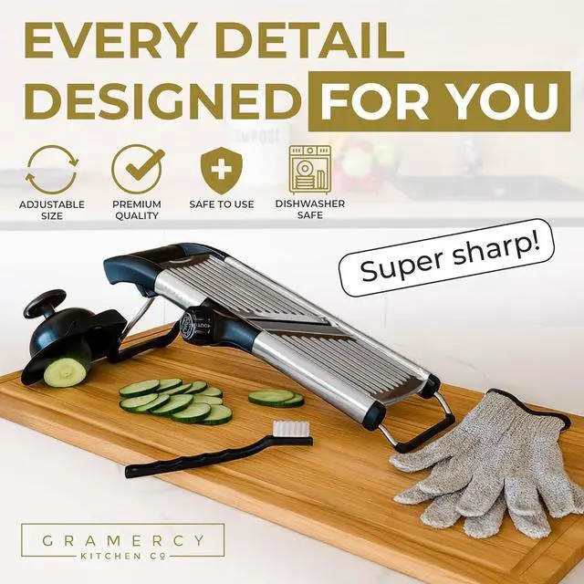 Alt view image 2 of 7 - Food Slicer, Mandoline Slicer for Kitchen, Mandolin, Potato, Tomato, Carrot, Vegetable, Fruit and Onion Cutter, Stainless Steel, INCLUDING Cut-Resistant Gloves, Black PRO