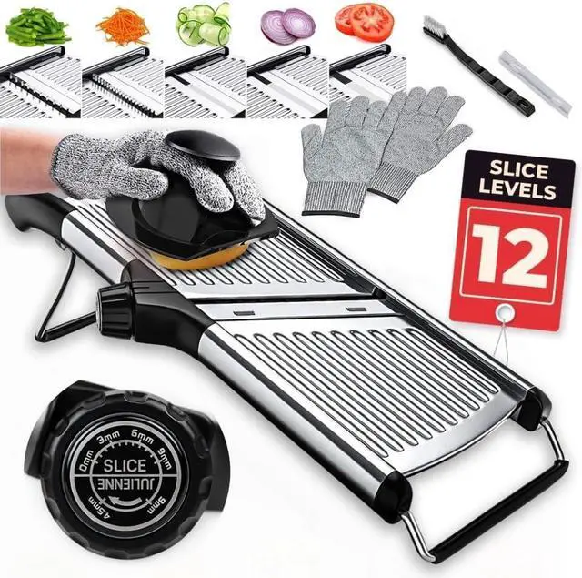 Main image of Food Slicer, Mandoline Slicer for Kitchen, Mandolin, Potato, Tomato, Carrot, Vegetable, Fruit and Onion Cutter, Stainless Steel, INCLUDING Cut-Resistant Gloves, Black PRO