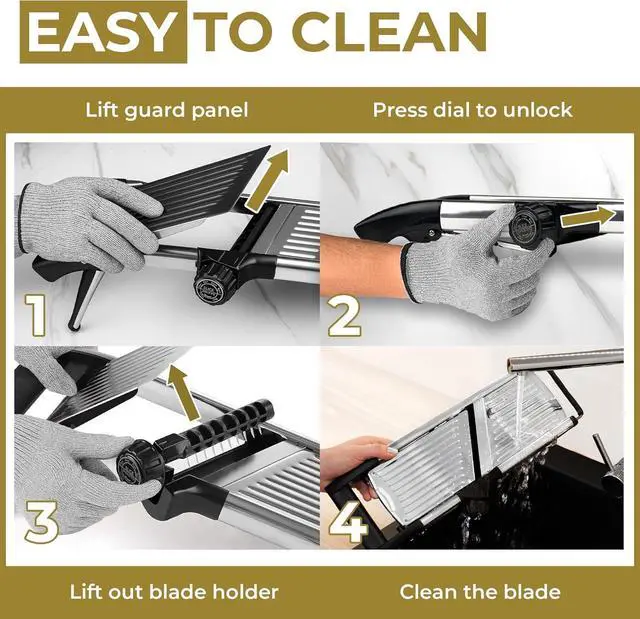 Alt view image 5 of 7 - Food Slicer, Mandoline Slicer for Kitchen, Mandolin, Potato, Tomato, Carrot, Vegetable, Fruit and Onion Cutter, Stainless Steel, INCLUDING Cut-Resistant Gloves, Black PRO