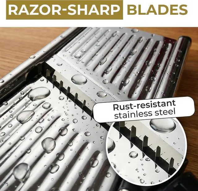 Alt view image 6 of 7 - Food Slicer, Mandoline Slicer for Kitchen, Mandolin, Potato, Tomato, Carrot, Vegetable, Fruit and Onion Cutter, Stainless Steel, INCLUDING Cut-Resistant Gloves, Black PRO