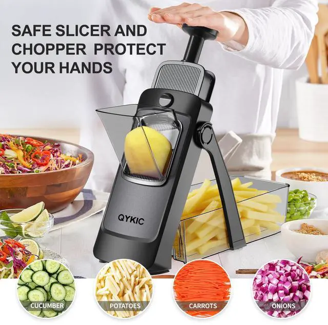 Alt view image 2 of 6 - 8 in 1 Mandoline Slicer for Kitchen, Vegetable Chopper, Potato Slicer, Fry Cutter Onion Chopper with Drain Basket Food Container with Lid, Stainless Steel Cheese Grater for Quick Meal Pre (Black)