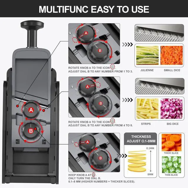 Alt view image 5 of 6 - 8 in 1 Mandoline Slicer for Kitchen, Vegetable Chopper, Potato Slicer, Fry Cutter Onion Chopper with Drain Basket Food Container with Lid, Stainless Steel Cheese Grater for Quick Meal Pre (Black)