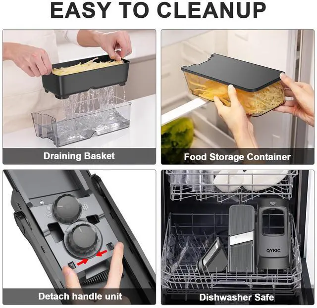 Alt view image 4 of 6 - 8 in 1 Mandoline Slicer for Kitchen, Vegetable Chopper, Potato Slicer, Fry Cutter Onion Chopper with Drain Basket Food Container with Lid, Stainless Steel Cheese Grater for Quick Meal Pre (Black)