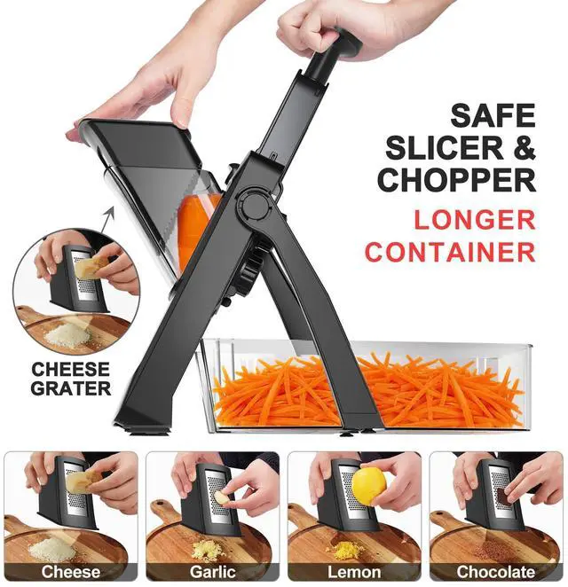 Alt view image 3 of 6 - 8 in 1 Mandoline Slicer for Kitchen, Vegetable Chopper, Potato Slicer, Fry Cutter Onion Chopper with Drain Basket Food Container with Lid, Stainless Steel Cheese Grater for Quick Meal Pre (Black)