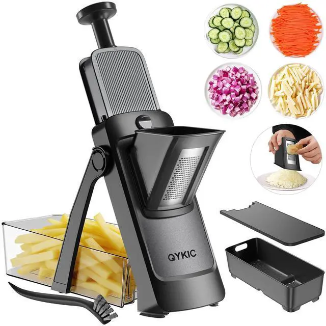 Main image of 8 in 1 Mandoline Slicer for Kitchen, Vegetable Chopper, Potato Slicer, Fry Cutter Onion Chopper with Drain Basket Food Container with Lid, Stainless Steel Cheese Grater for Quick Meal Pre (Black)