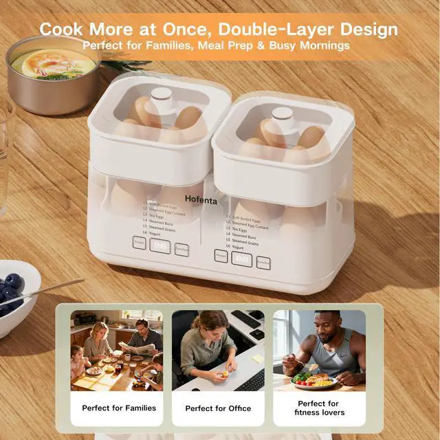 Alt view image 4 of 7 - Rapid Electric Egg Cooker for Hard Boiled Eggs,Egg Boiler with Timer(0.5-9.5H), Auto Shut-Off/2 Tiers, 16 Eggs Capacity,Egg Steamer for Soft/Hard/Poached Boiled Eggs