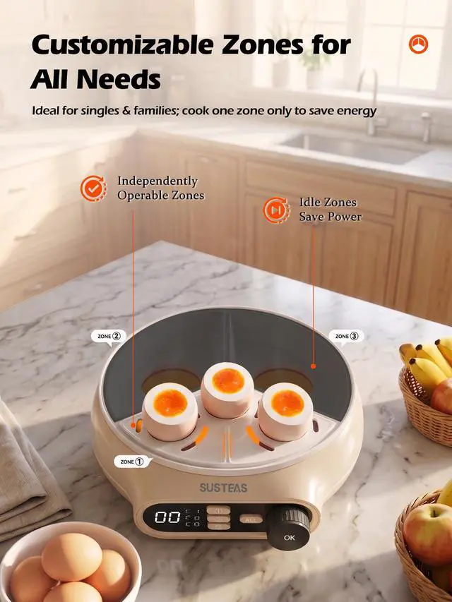 Alt view image 4 of 7 - Rapid Egg Cooker Electric 9 Eggs Capacity, Soft, Medium, Hard Boiled Egg Cooker Simultaneously, Egg Poacher, Kitchen Egg Steamer, Auto Shut-Off, Smart Voice Prompts, Timer Function, Beige