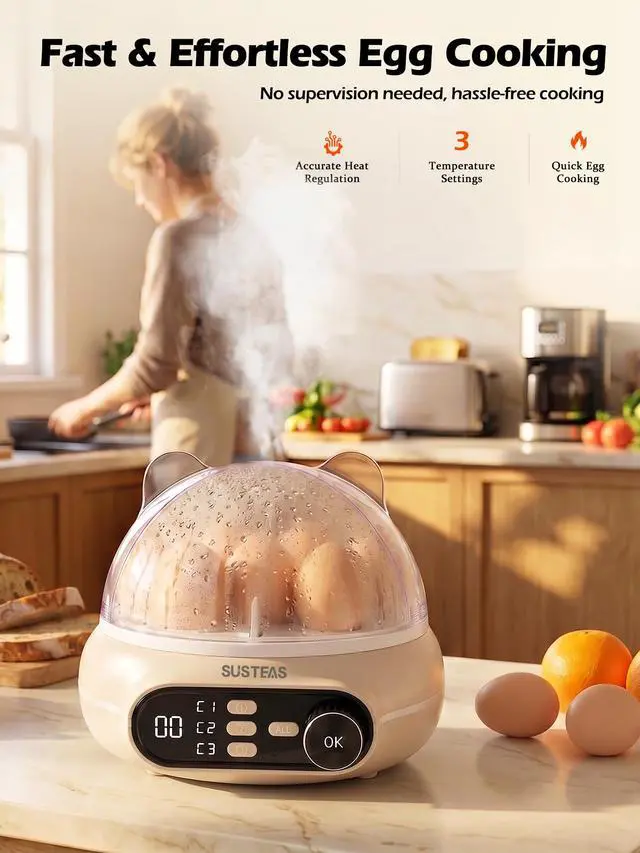 Alt view image 2 of 7 - Rapid Egg Cooker Electric 9 Eggs Capacity, Soft, Medium, Hard Boiled Egg Cooker Simultaneously, Egg Poacher, Kitchen Egg Steamer, Auto Shut-Off, Smart Voice Prompts, Timer Function, Beige