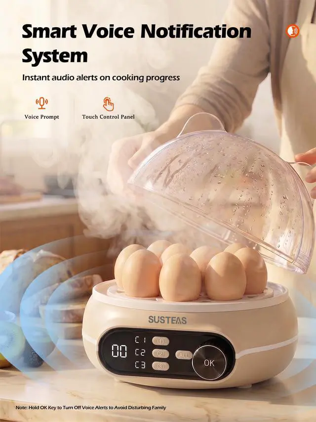 Alt view image 3 of 7 - Rapid Egg Cooker Electric 9 Eggs Capacity, Soft, Medium, Hard Boiled Egg Cooker Simultaneously, Egg Poacher, Kitchen Egg Steamer, Auto Shut-Off, Smart Voice Prompts, Timer Function, Beige