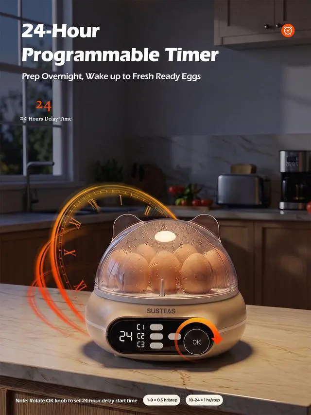Alt view image 5 of 7 - Rapid Egg Cooker Electric 9 Eggs Capacity, Soft, Medium, Hard Boiled Egg Cooker Simultaneously, Egg Poacher, Kitchen Egg Steamer, Auto Shut-Off, Smart Voice Prompts, Timer Function, Beige