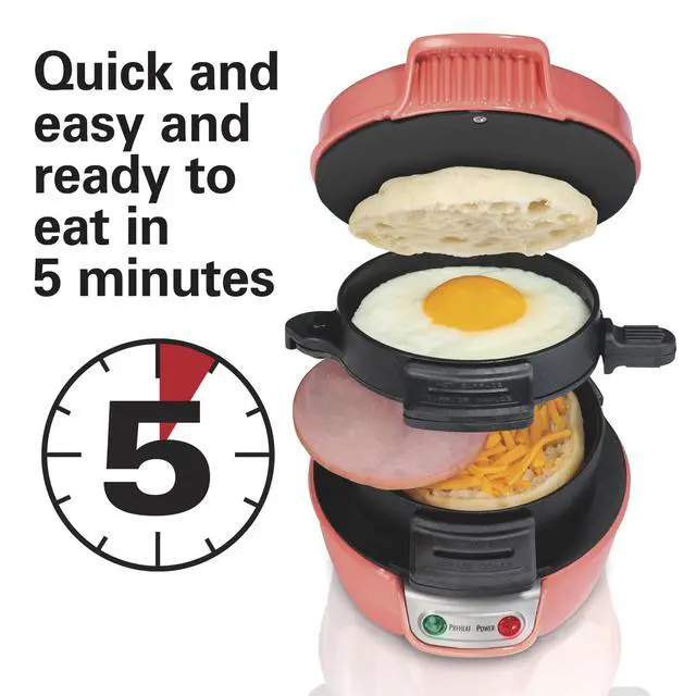 Alt view image 2 of 7 - Breakfast Sandwich Maker with Egg Cooker Ring, Customize Ingredients, Perfect for English Muffins, Croissants, Mini Waffles, Perfect White Elephant Gifts, Coral (25483)
