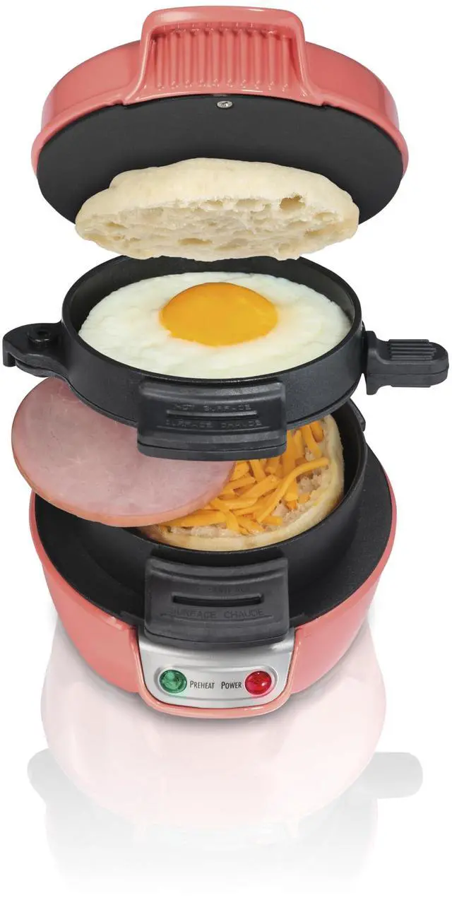 Main image of Breakfast Sandwich Maker with Egg Cooker Ring, Customize Ingredients, Perfect for English Muffins, Croissants, Mini Waffles, Perfect White Elephant Gifts, Coral (25483)
