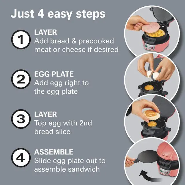 Alt view image 4 of 7 - Breakfast Sandwich Maker with Egg Cooker Ring, Customize Ingredients, Perfect for English Muffins, Croissants, Mini Waffles, Perfect White Elephant Gifts, Coral (25483)
