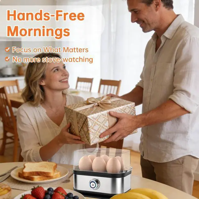 Alt view image 7 of 7 - Electric Egg Cooker for Hard Boiled Eggs 6-Egg - Soft, Medium, Hard-Boiled Egg Cooker, Boiler & Steamer with Auto Shut-Off, Fast Boil, Stainless Steel Heating Plate, Family Breakfast Maker