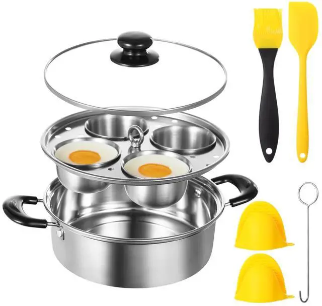 Main image of Egg Poacher Pan Nonstick 4 Eggs, Poached Egg Cooker, Poached Egg Pan, Stainless Steel Egg Poacher, Includes Stainless Steel Pot, 4 Cups, Silicone Brush & Spatula, Suitable for Multiple Stove Types