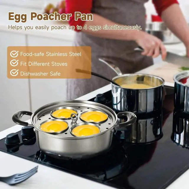 Alt view image 2 of 7 - Egg Poacher Pan Nonstick 4 Eggs, Poached Egg Cooker, Poached Egg Pan, Stainless Steel Egg Poacher, Includes Stainless Steel Pot, 4 Cups, Silicone Brush & Spatula, Suitable for Multiple Stove Types
