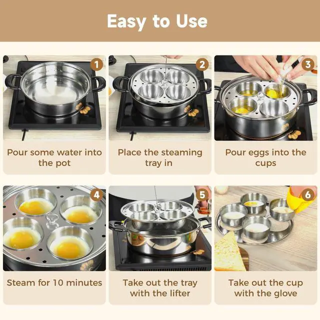 Alt view image 4 of 7 - Egg Poacher Pan Nonstick 4 Eggs, Poached Egg Cooker, Poached Egg Pan, Stainless Steel Egg Poacher, Includes Stainless Steel Pot, 4 Cups, Silicone Brush & Spatula, Suitable for Multiple Stove Types