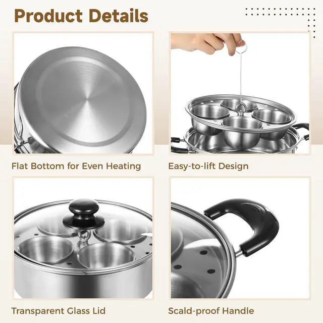 Alt view image 5 of 7 - Egg Poacher Pan Nonstick 4 Eggs, Poached Egg Cooker, Poached Egg Pan, Stainless Steel Egg Poacher, Includes Stainless Steel Pot, 4 Cups, Silicone Brush & Spatula, Suitable for Multiple Stove Types