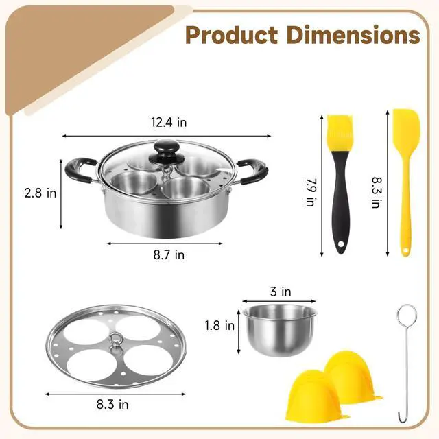 Alt view image 6 of 7 - Egg Poacher Pan Nonstick 4 Eggs, Poached Egg Cooker, Poached Egg Pan, Stainless Steel Egg Poacher, Includes Stainless Steel Pot, 4 Cups, Silicone Brush & Spatula, Suitable for Multiple Stove Types