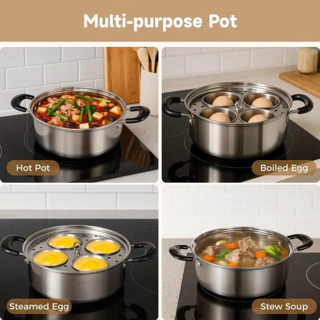 Alt view image 7 of 7 - Egg Poacher Pan Nonstick 4 Eggs, Poached Egg Cooker, Poached Egg Pan, Stainless Steel Egg Poacher, Includes Stainless Steel Pot, 4 Cups, Silicone Brush & Spatula, Suitable for Multiple Stove Types