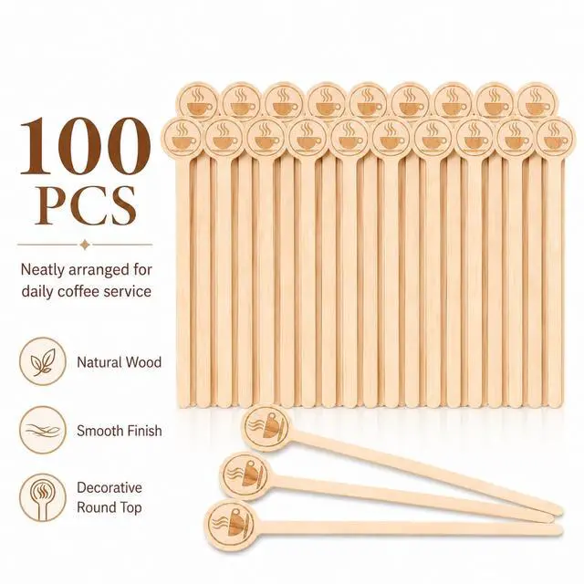 Alt view image 3 of 7 - 100Pcs Coffee Stirrers, 5.9 Inch Wooden Stir Sticks with Round Ends