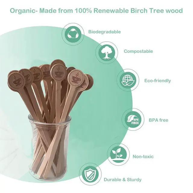 Alt view image 6 of 7 - Coffee Stirrers Stir Sticks Wooden Beverage Mixer with Round Ends,Disposable Environmentally Friendly Biodegradable Cafe Grade Beverage Stir Sticks for 6 Inch Coffee Milk Cocktail Tea (100)