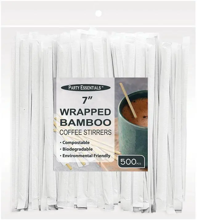 Main image of Bamboo Coffee Stirrers/Beverage Stir Sticks, 7" Individually Wrapped, 500-Count, Natural