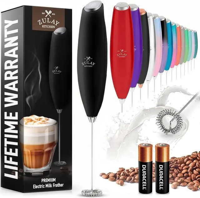 Main image of Milk Frother Handheld Electric Whisk Frother Wand with 2 Duracell Batteries, Durable Drink Mixer, Coffee Frother, Hand Blender, Frother for Protein Powder, Matcha & More - Black