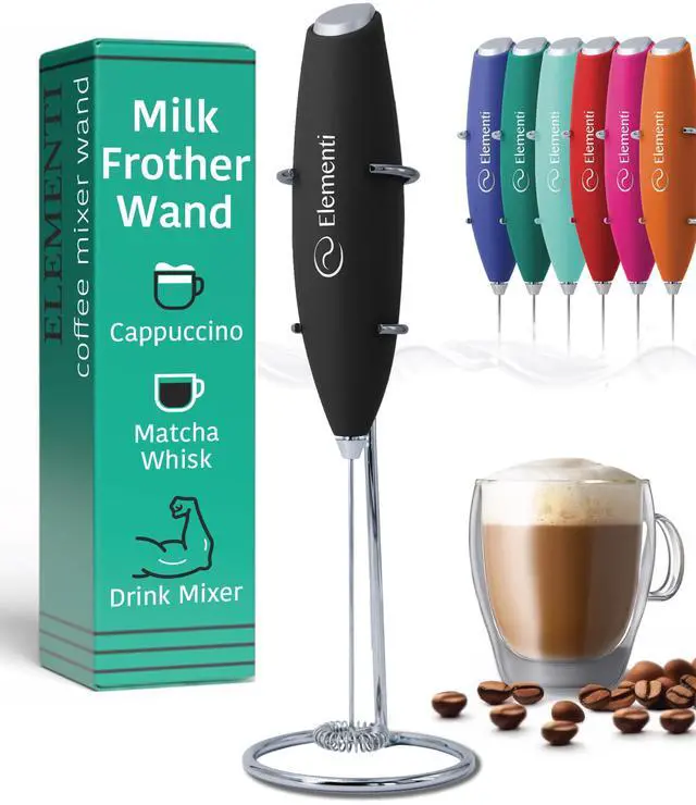 Main image of Milk Frother Wand & Electric Stirrer with Stand - Turbo Coffee & Milk Frother Handheld - Hand Held Coffee Mixer Wand & Cold Foam Maker for Frothy Cappuccinos, Lattes & Drink Mixes at Home (Black)