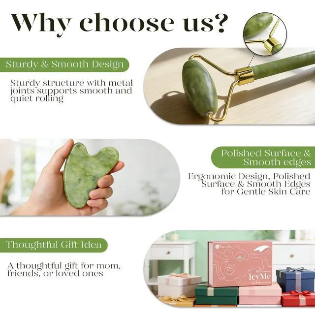 Alt view image 7 of 7 - IcyMe Gua Sha & Jade Roller Set, Cooling Face Roller & Guasha Tool for Face Depuffing, Facial Sculpting & Jawline Definition, Smooth Rolling Skincare Tools Gifts for Women & Men Green
