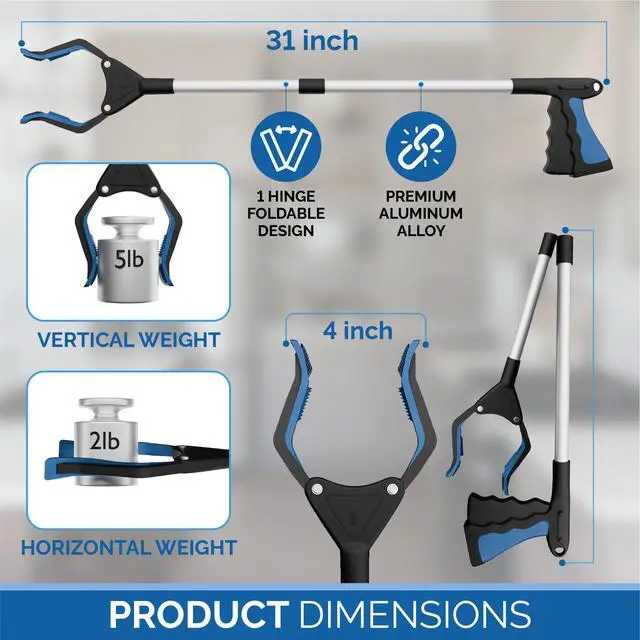 Alt view image 4 of 5 - 2025 Upgrade PowerGrip T9, Grabber Reacher Tool, Wide Jaw, Foldable, Steel Cable, with 96 Grip Points for Firm Grip, 32" with Magnet (Pink, 32 Inch)