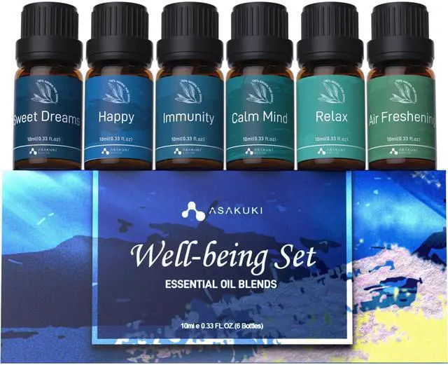 Main image of Essential Oils, Well-Being Essential Oil Set- Calm Mind, Sweet Dreams, Happy, Relax, Air Freshening, Immunity for Diffuser, Waterless Diffuser, Aromatherapy and Humidifiers, 6x10ml