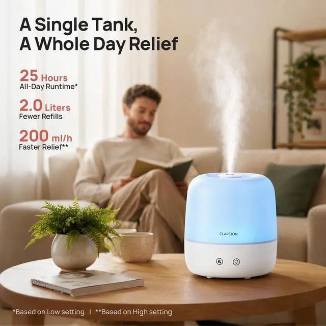 Alt view image 2 of 7 - 2L Cool Mist Humidifier for Bedroom with 360° Adjustable Nozzle, High and Low Mist Levels, Ultra-Low Noise, Light-Off, No BPA, Auto Shut Off, Ideal Baby Humidifier with Easy Top Filling