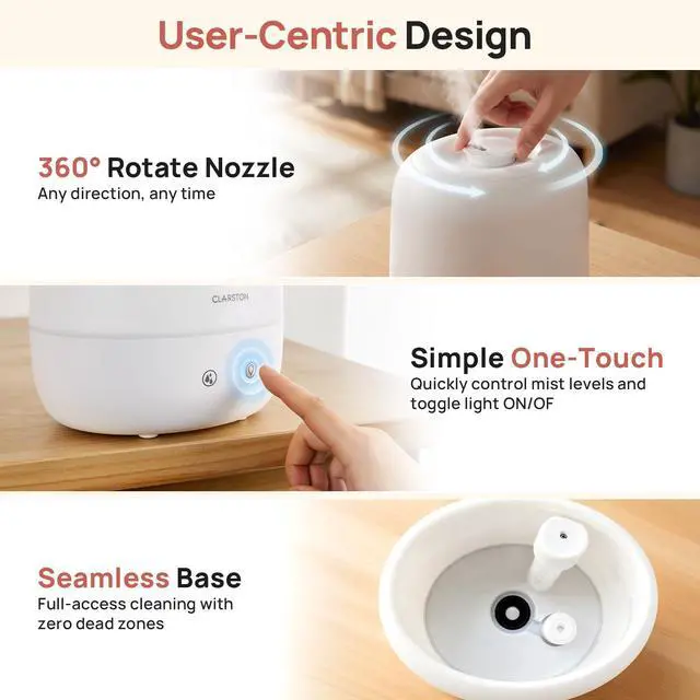 Alt view image 7 of 7 - 2L Cool Mist Humidifier for Bedroom with 360° Adjustable Nozzle, High and Low Mist Levels, Ultra-Low Noise, Light-Off, No BPA, Auto Shut Off, Ideal Baby Humidifier with Easy Top Filling