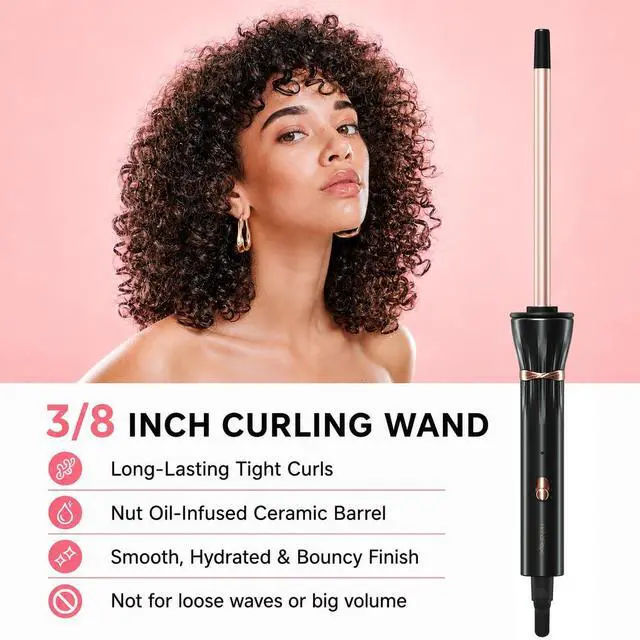 Alt view image 2 of 7 - 3/8 Inch Curling Wand,9mm Tiny Curling Wand,Ceramic Small Barrel Curling Iron with Adjustable Temperature,Fast Heating,for Short & Long Hair