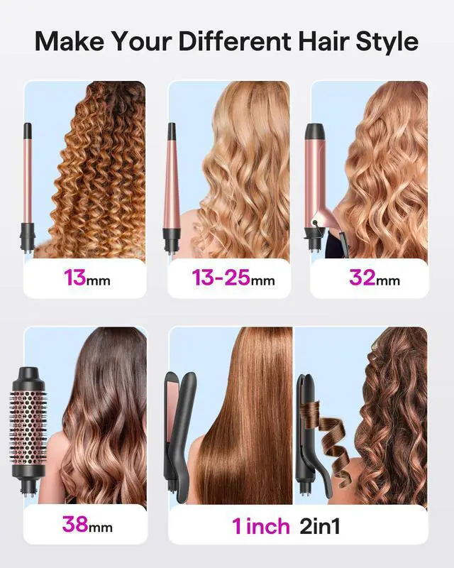 Alt view image 2 of 7 - 5 in 1 Curling Iron Set with Thermal Brush and 4 Interchangeable Ceramic Curling Wands (0.5'-1.25'), Instant Heat Up Hair Curling Iron, Rose Gold