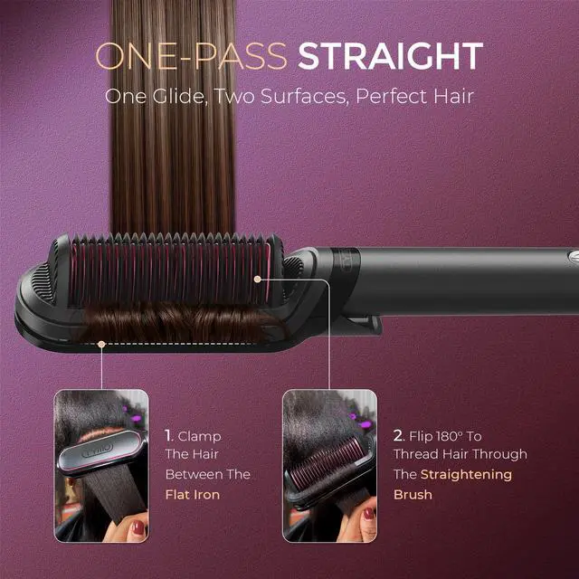 Alt view image 3 of 7 - Flat Iron Hair Straightener Brush 2 in 1, 200M Ions Hair Straighteners for Women, Ceramic Straightening Hot Comb for Anti-Frizz Straights, Waves, Curl, 3X Less Heat Damage, Dual Voltage, Black