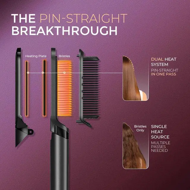 Alt view image 4 of 7 - Flat Iron Hair Straightener Brush 2 in 1, 200M Ions Hair Straighteners for Women, Ceramic Straightening Hot Comb for Anti-Frizz Straights, Waves, Curl, 3X Less Heat Damage, Dual Voltage, Black
