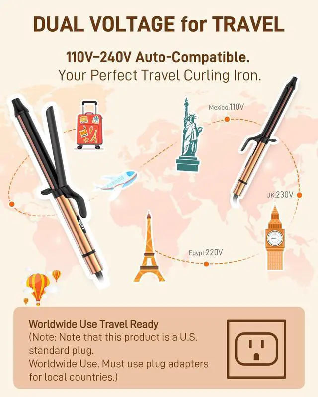 Alt view image 3 of 7 - 1 Inch Curling Iron for Long Hair - Dual Voltage Curling Iron - 6.7" Extra Long Barrel Curling Wand - Ceramic Tourmaline Curling Irons - Professional Hair Curler - 8 Heat Settings to 450°F