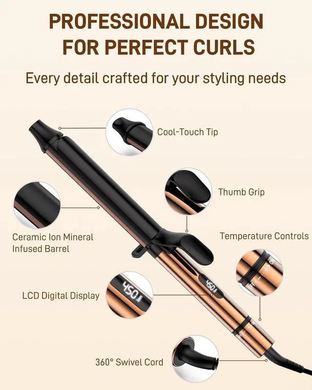 Alt view image 5 of 7 - 1 Inch Curling Iron for Long Hair - Dual Voltage Curling Iron - 6.7" Extra Long Barrel Curling Wand - Ceramic Tourmaline Curling Irons - Professional Hair Curler - 8 Heat Settings to 450°F
