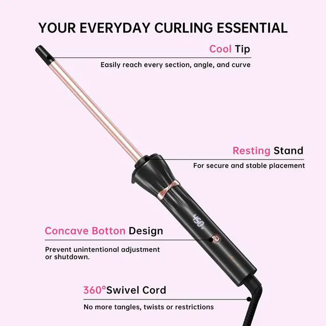 Alt view image 7 of 7 - Small Curling Iron 3/8 Inch, Small Curling Wand with LCD Temperature Display, Skinny Curling Wand for Defined Curls, Adjustable Heat Wand Curler for Short & Long Hair
