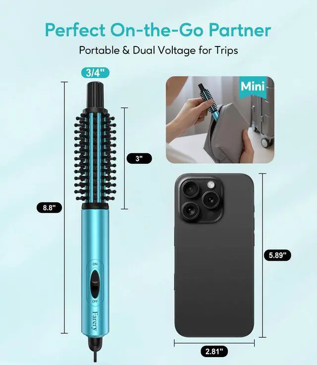 Alt view image 2 of 7 - Mini Thermal Brush, Curling Iron 3/4 Inch, Heated Round Brush for Volumizing and Small Curls, Travel Size Hot Brush for Short & Thin Hair, Dual Voltage, One Heat 392°F, Touch-ups, Blue