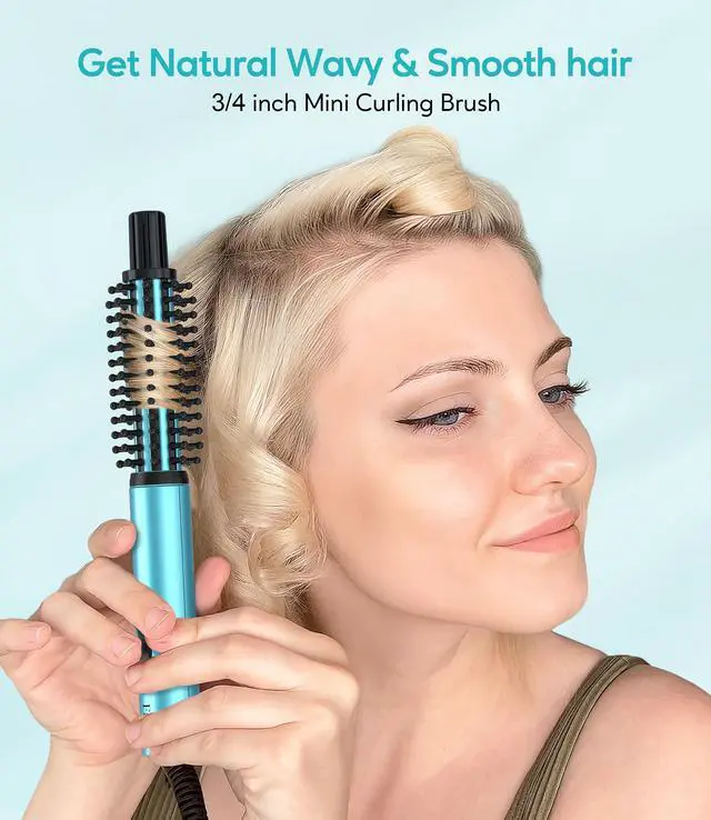 Alt view image 4 of 7 - Mini Thermal Brush, Curling Iron 3/4 Inch, Heated Round Brush for Volumizing and Small Curls, Travel Size Hot Brush for Short & Thin Hair, Dual Voltage, One Heat 392°F, Touch-ups, Blue