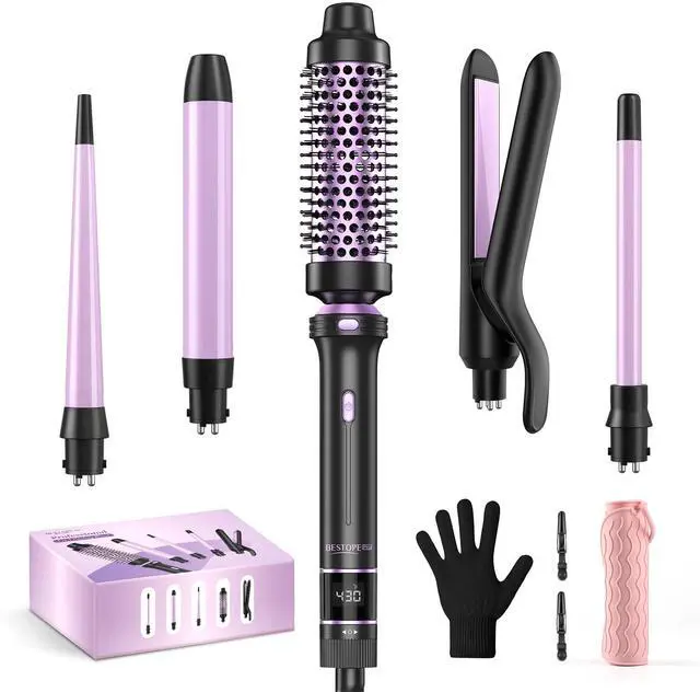 Main image of 5 in 1 Curling Iron, Curling Wand Set with Thermal Brush, Flat Iron Hair Straightener, 3 Ceramic Irons (0.35"-1"), 13 Adjustable Temps, Hair Curler Waver with Heat Resistant Mat, Glove, Clip