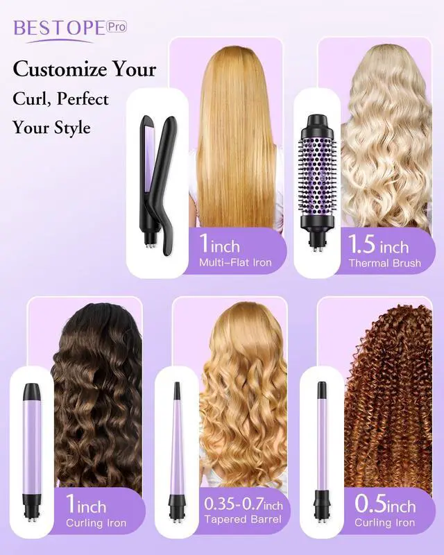 Alt view image 2 of 7 - 5 in 1 Curling Iron, Curling Wand Set with Thermal Brush, Flat Iron Hair Straightener, 3 Ceramic Irons (0.35"-1"), 13 Adjustable Temps, Hair Curler Waver with Heat Resistant Mat, Glove, Clip