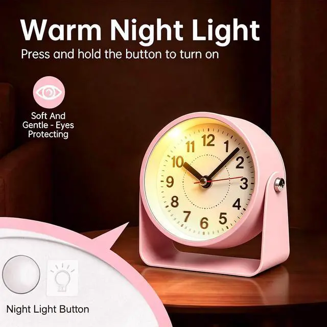 Alt view image 4 of 7 - 3.5" Analog Alarm Clock, Small Retro Desk Clock Battery Operated, Silent Metal Table Clock with Light for Living Room Decor,Bedroom,Bedside,Shelf, Adjustable Angle Snooze Clock for Adults Elderly
