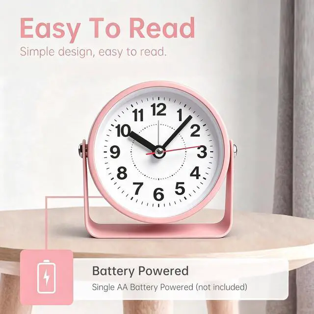 Alt view image 2 of 7 - 3.5" Analog Alarm Clock, Small Retro Desk Clock Battery Operated, Silent Metal Table Clock with Light for Living Room Decor,Bedroom,Bedside,Shelf, Adjustable Angle Snooze Clock for Adults Elderly