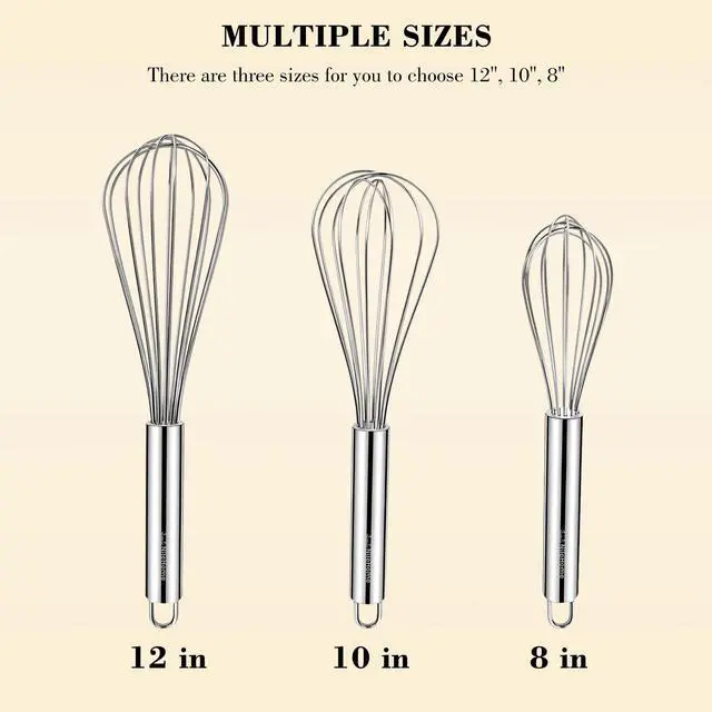 Alt view image 2 of 7 - Stainless Steel Whisk Set 8" 10" 12" Kitchen Whisk Balloon Whisk Kitchen Wisk Wire Whisks for Cooking, Whisking, Blending, Beating, Stirring-3 Pack